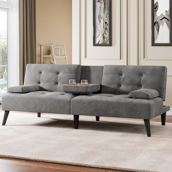 01 Modern 3-in-1 Convertible Loveseat Sofa Bed with Adjustable Backrest & Cup Holders – Space Saving Futon Couch