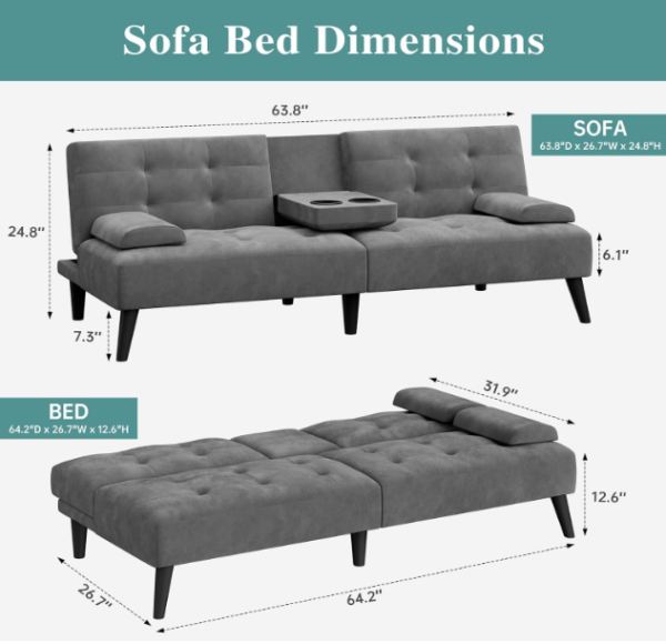 02 Modern 3-in-1 Convertible Loveseat Sofa Bed with Adjustable Backrest & Cup Holders – Space Saving Futon Couch