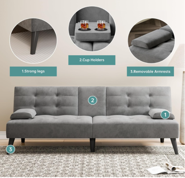 03 Modern 3-in-1 Convertible Loveseat Sofa Bed with Adjustable Backrest & Cup Holders – Space Saving Futon Couch