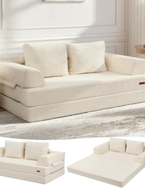 Luxury Corduroy Convertible Floor Sofa Bed – 3-in-1 Foldable Lounge Couch with Pillows (Space Saving Design)