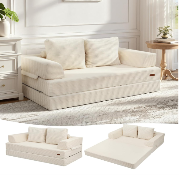 Luxury Corduroy Convertible Floor Sofa Bed – 3-in-1 Foldable Lounge Couch with Pillows (Space Saving Design)