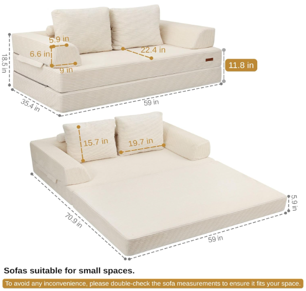 06 Luxury Corduroy Convertible Floor Sofa Bed – 3-in-1 Foldable Lounge Couch with Pillows (Space Saving Design)