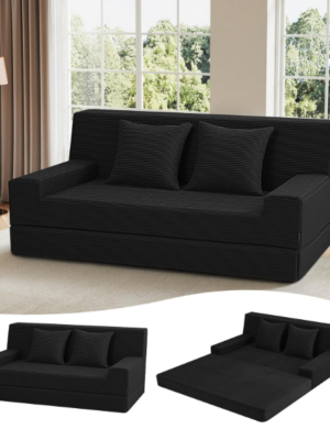 Queen Size Corduroy Convertible Sofa Bed – 2-in-1 Foldable Floor Couch with Pillow & High Density Foam