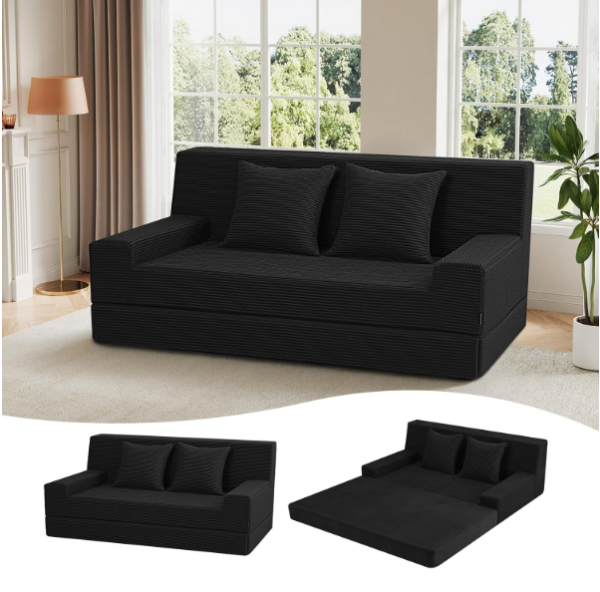 Queen Size Corduroy Convertible Sofa Bed – 2-in-1 Foldable Floor Couch with Pillow & High Density Foam