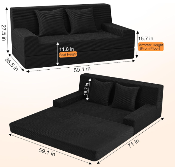 Queen Size Corduroy Convertible Sofa Bed – 2-in-1 Foldable Floor Couch with Pillow & High Density Foam