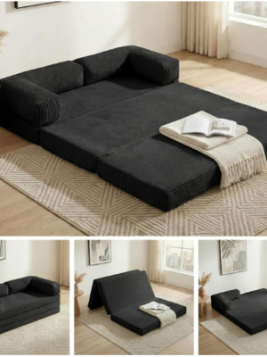 17 5-in-1 Convertible Tri-Fold Sofa Bed – Corduroy Boneless Couch with Removable Cover & Armrests