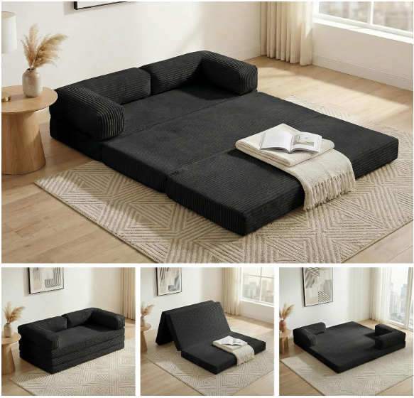 17 5-in-1 Convertible Tri-Fold Sofa Bed – Corduroy Boneless Couch with Removable Cover & Armrests