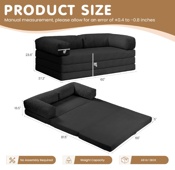 18 5-in-1 Convertible Tri-Fold Sofa Bed – Corduroy Boneless Couch with Removable Cover & Armrests