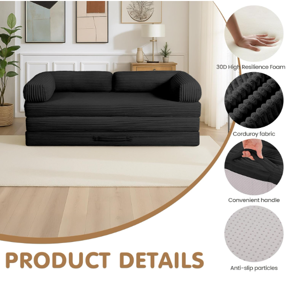 20 5-in-1 Convertible Tri-Fold Sofa Bed – Corduroy Boneless Couch with Removable Cover & Armrests