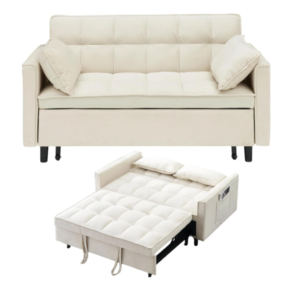 21 Modern Velvet Convertible Sofa Bed with Adjustable Backrest – 3-in-1 Reclining Loveseat for Small Spaces