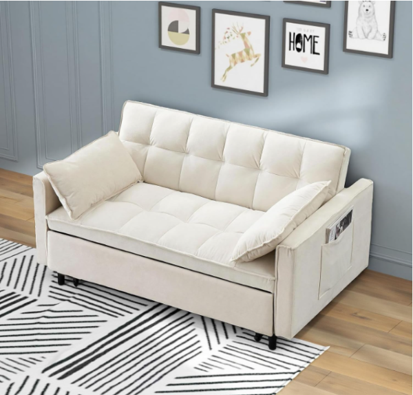 22 Modern Velvet Convertible Sofa Bed with Adjustable Backrest – 3-in-1 Reclining Loveseat for Small Spaces