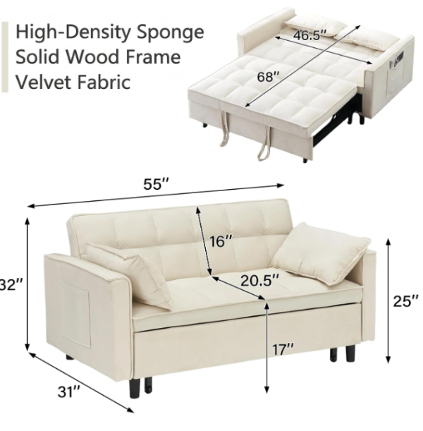 24 Modern Velvet Convertible Sofa Bed with Adjustable Backrest – 3-in-1 Reclining Loveseat for Small Spaces