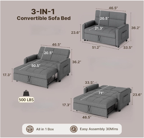 3-in-1 Convertible Sleeper Sofa Chair Bed – Adjustable Pull-Out Loveseat with High Density Foam