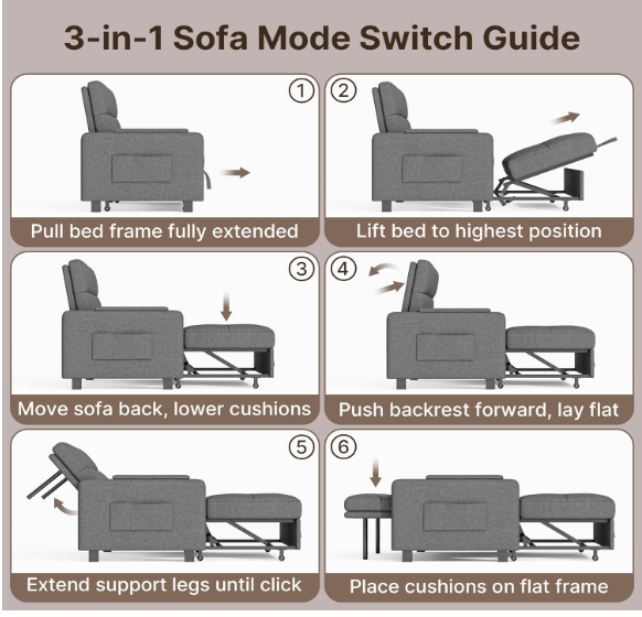 3-in-1 Convertible Sleeper Sofa Chair Bed – Adjustable Pull-Out Loveseat with High Density Foam