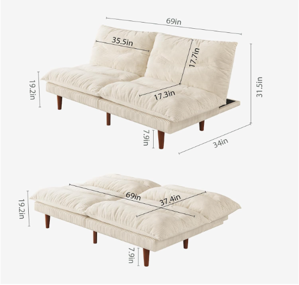 4-in-1 Convertible Futon Sofa Bed – Corduroy Loveseat with Adjustable Backrest & Thick Cushion