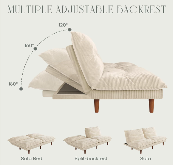 4-in-1 Convertible Futon Sofa Bed – Corduroy Loveseat with Adjustable Backrest & Thick Cushion