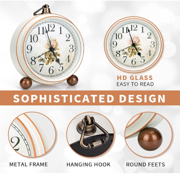 Vintage Silent Analog Table Clock – Classic Decorative Metal Desk Clock for Bedroom & Home Décor