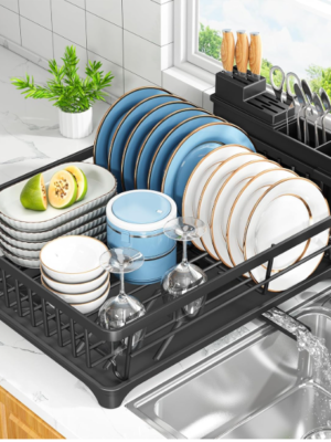 Compact Space-Saving Dish Drying Rack with Drain Spout – Rust Resistant Kitchen Counter Organizer