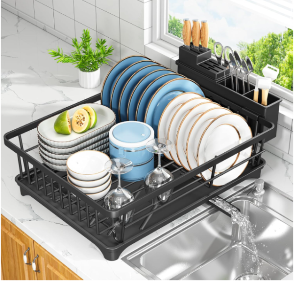 Compact Space-Saving Dish Drying Rack with Drain Spout – Rust Resistant Kitchen Counter Organizer