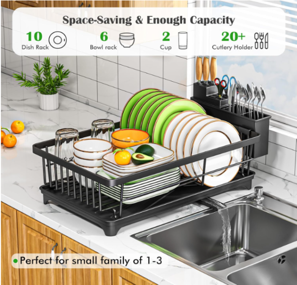 Compact Space-Saving Dish Drying Rack with Drain Spout – Rust Resistant Kitchen Counter Organizer