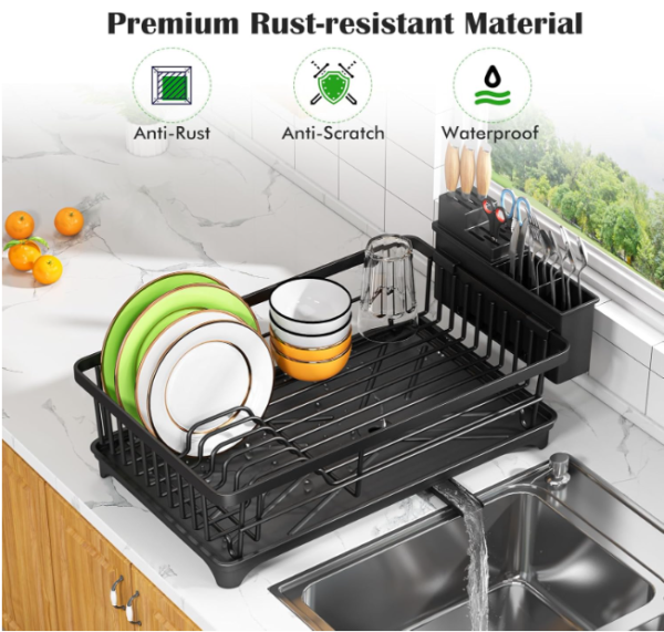 Compact Space-Saving Dish Drying Rack with Drain Spout – Rust Resistant Kitchen Counter Organizer
