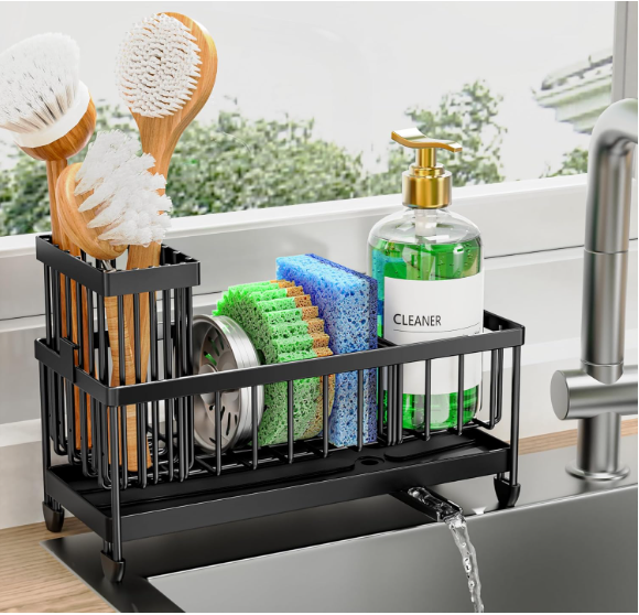 49 Premium Stainless Steel Kitchen Sink Caddy Organizer – Rustproof Sponge Holder with Rotating Drain Spout